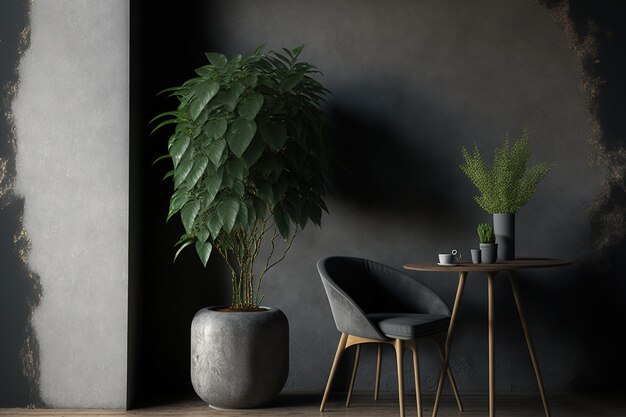 Em uma sala com uma planta uma mesa de madeira e uma parede de concreto há uma poltrona cinza escura