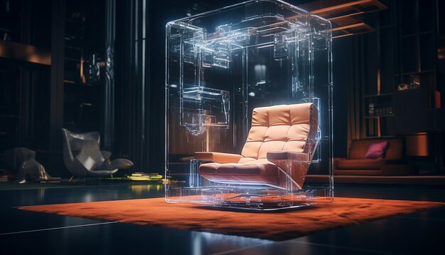 Foto em uma sala de estar contemporânea há uma cadeira transparente levitante que destaca o contraste de cores