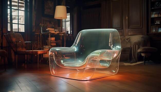 Foto em uma sala de estar contemporânea há uma cadeira transparente levitante que destaca o contraste de cores