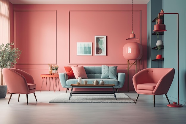 Em uma sala de estar rosa, há um estilo de ideia de design minimalista vermelho, azul e mesa em tons pastel