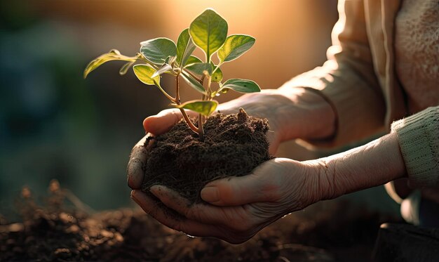 Em uma sala iluminada pelo sol, uma mulher idosa cuida ternamente de uma planta jovem que simboliza crescimento e cuidado