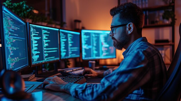 Foto em uma sala mal iluminada, um programador está cercado pela luminosidade de várias telas de computador profundamente imerso em codificação