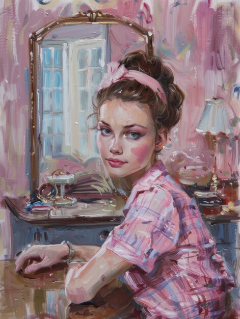 Foto em uma sala pintada cheia de suaves tons cor-de-rosa, uma mulher com um olhar contemplativo posa elegantemente. a obra de arte captura a sofisticação silenciosa de um momento roubado no tempo.