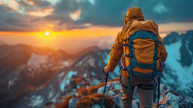 Em uma situação perigosa, um caminhante dá uma mão a outro enquanto escala uma rocha ao pôr-do-sol. Ajude a apoiar a ajuda em uma situação perigosa.