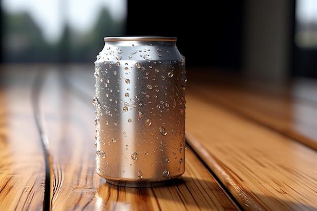 Em uma superfície de madeira, uma lata de refrigerante apresenta uma camada brilhante de umidade
