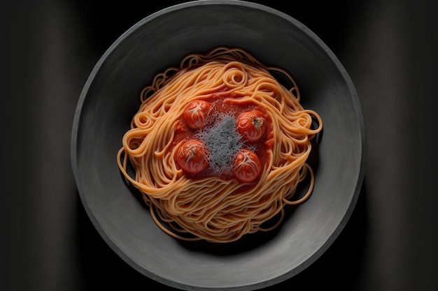 Em uma tigela escura espaguete e macarrão com molho de tomate de cor cinza olhando de perto