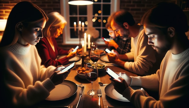 Foto em vez de falar durante o jantar, cada pessoa se concentra em sua própria tela pessoal como uma família.