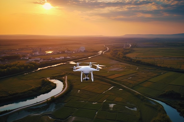 Foto em vôo, câmera profissional de drone quadricóptero branco