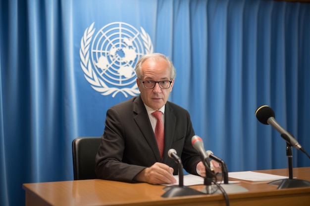 Embaixador da França dirige-se à imprensa durante o recesso da reunião do Conselho de Segurança das Nações Unidas na sede de Nova Iorque