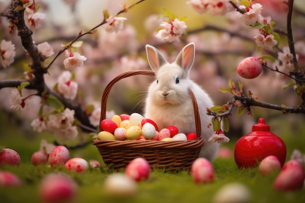 Embaixador da Páscoa um coelho com ovos azuis no meio de um rubor de flores de cerejeira