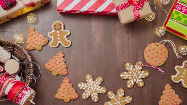 Embalagem de biscoitos de gengibre caseiros tradicionais como presentes de comida.