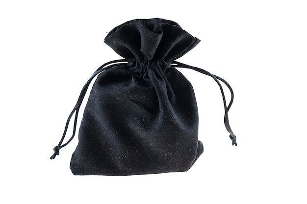 Foto embalagem de bolsa com cordão preto em fundo branco