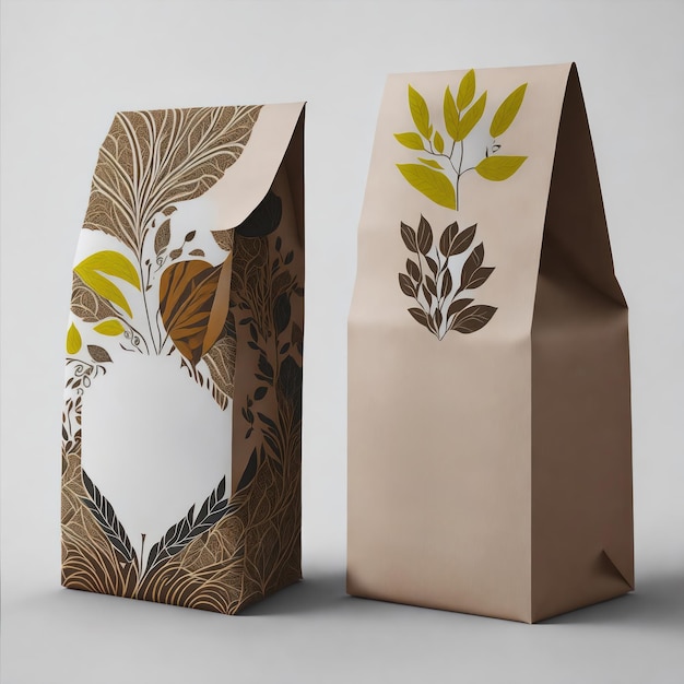 Foto embalagem de papel marrom claro fundo café tema floral verde e marrom