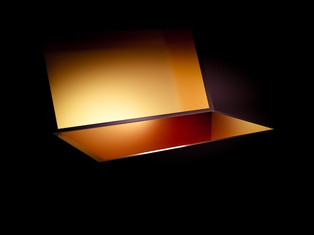 Embalagem de presente de férias de luxo. A caixa é dourada por dentro e escura por fora. Ilustração 3D, renderização em 3D.
