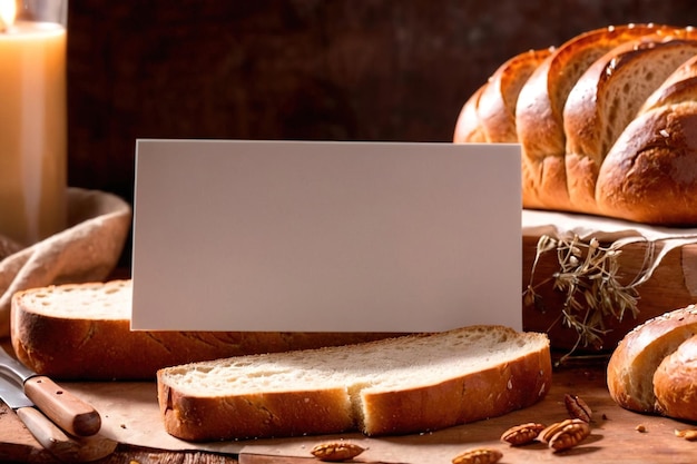 Foto embalagem de produto foto de maquete de pão com cartão branco em branco estúdio de fotografia publicitária