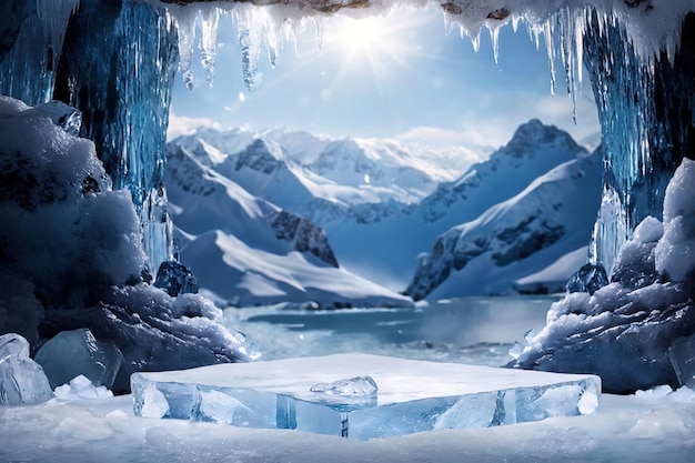 Embalagem do produto foto de maquete de cena de inverno e fundo de pódio natural pódio de gelo no gelo