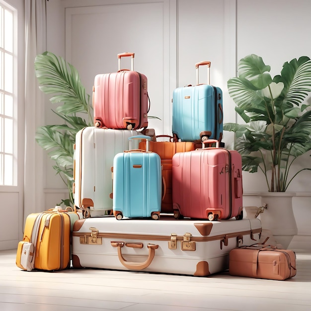 Embalagem para férias com malas em um fundo de madeira branca em um estúdio Ai Gerado