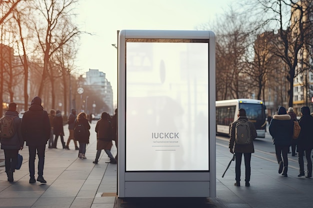 Embalagem simulada colocada em uma parada de ônibus com multidões de pessoas