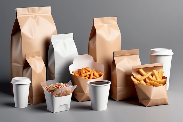 Embalagens realistas de alimentos para levar em restaurantes Embalagens 3D descartáveis Sacos e caixas