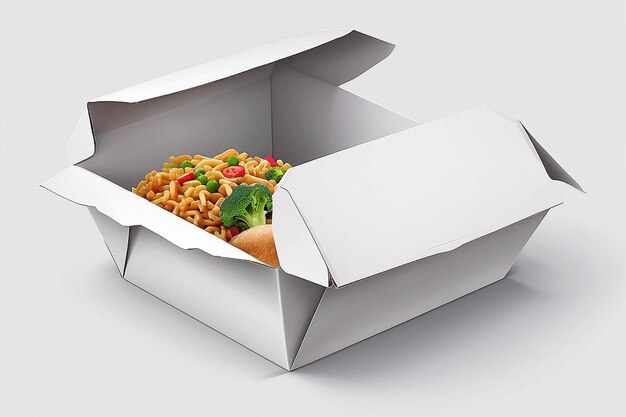 Embalaje de caja de comida rápida de cartón blanco para almuerzo comida china en fondo blanco aislado