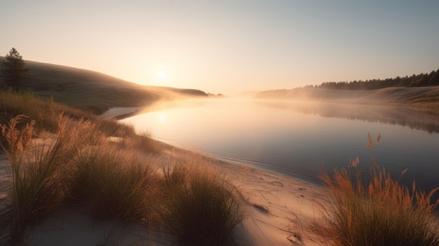 Embalse con dunas de arena playa hierba niebla costa suave silenciado olas y amanecer