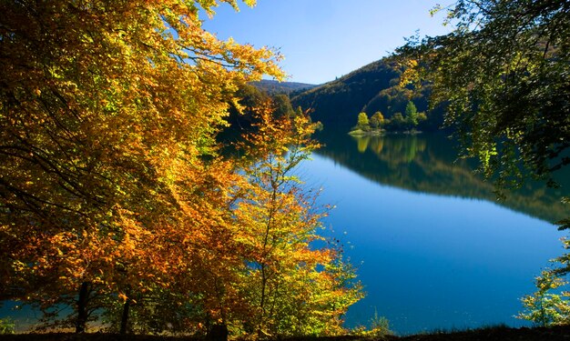 Embalse de Irabia en la Selva de Irati con colores de otoño Navarra España