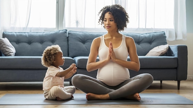 Una embarazada haciendo yoga con su hija pequeña.