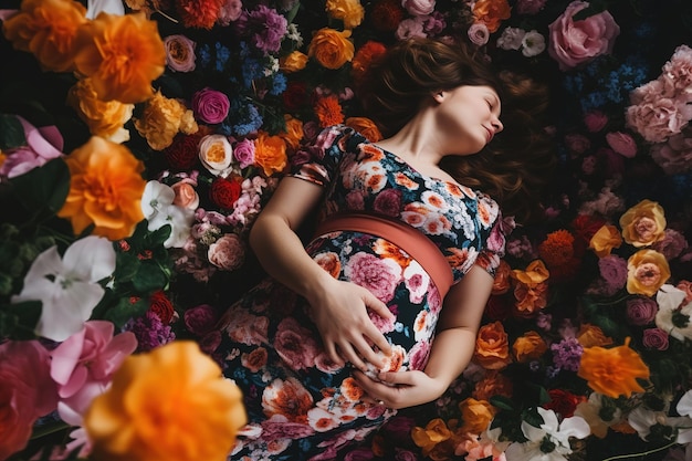 Embarazo maternidad feliz mujer embarazada con gran barriga se encuentra en el prado de flores