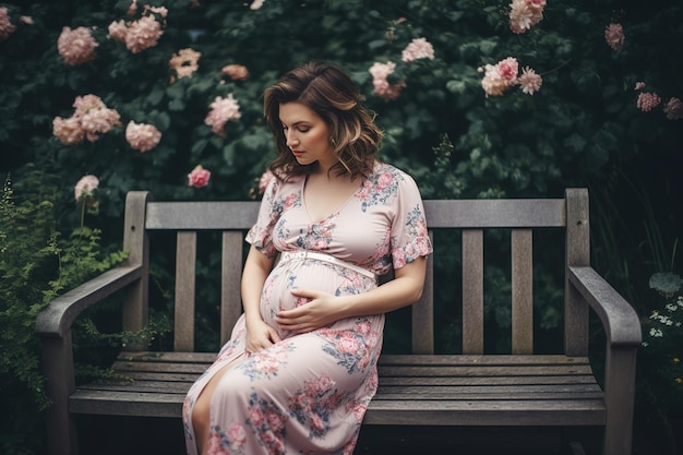 Embarazo maternidad mujer embarazada feliz con gran barriga sentada en un banco de madera en el jardín