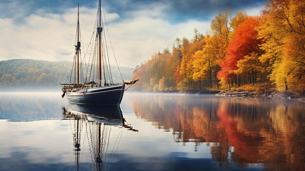 embarcación náutica refleja un tranquilo paisaje otoñal