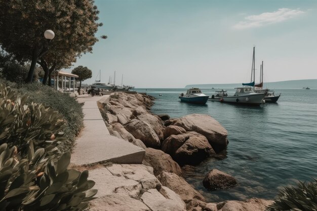 Embarcaciones atracadas una carretera y la vegetación se pueden ver en el puerto del Mar Mediterráneo de Barcelona España