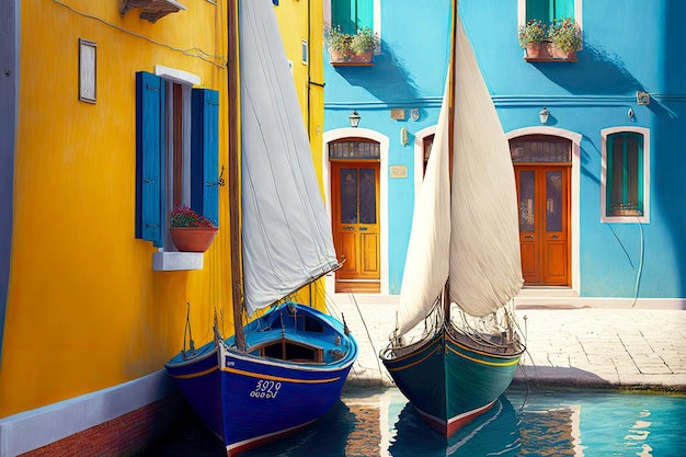 Embarcaciones privadas tradicionales con velas azules y amarillas sobre el agua en la calle burano