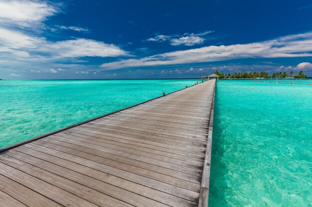 Embarcadero sobre un atolón para nadar y una isla turística tropical en Maldivas