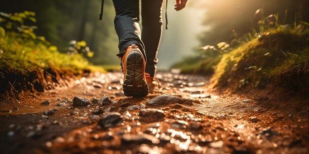 Embarcarse en un emocionante viaje de exploración y aventura con el primer paso en una ruta de senderismo Concepto Aventuras de senderismo Exploraciones al aire libre La naturaleza escapa Momentos pioneros