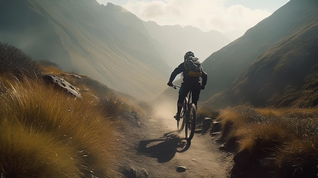 Embárcate en una aventura épica de ciclismo de montaña donde te sumergirás en la belleza de la naturaleza a través de senderos sinuosos Generado por IA