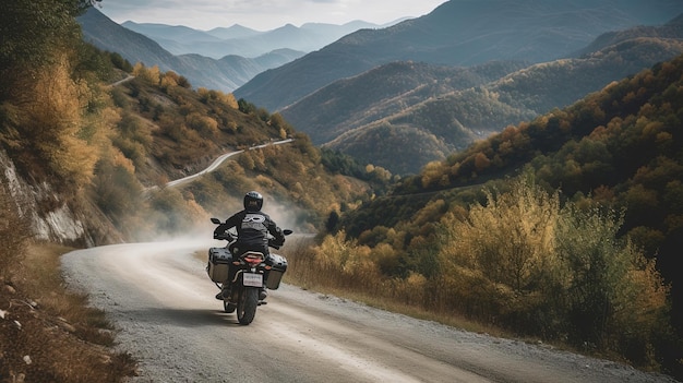 Foto embarque em uma emocionante aventura de motocicleta por estradas sinuosas e paisagens pitorescas geradas por ia