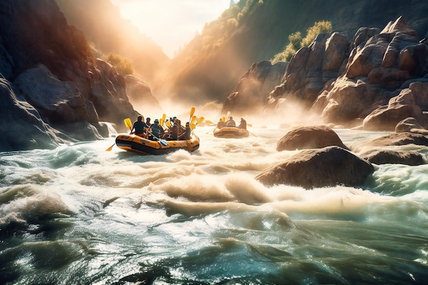 Embarque em uma emocionante expedição de rafting no verão descendo as corredeiras com amigos homens