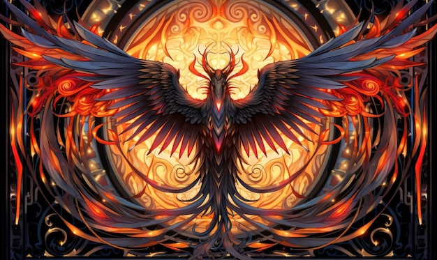 Embarque em uma jornada mítica com a imagem hipnotizante de uma fênix Bahamut, suas majestosas asas em chamas com o brilho de vaga-lumes e chamas