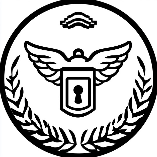 Emblema circular blanco y negro con alas de agujero de llave y corona de laurel