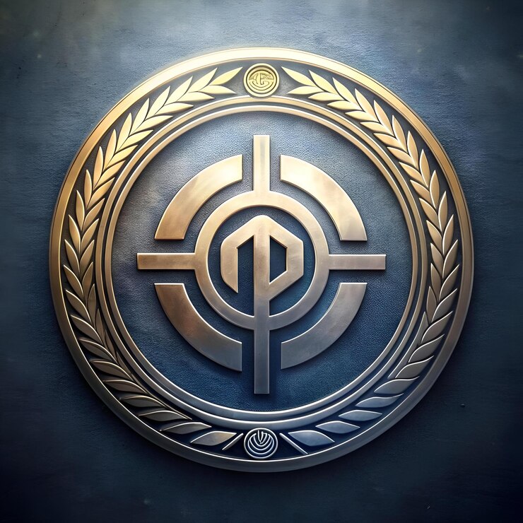 Foto un emblema circular dorado estilizado con un símbolo central rodeado por una corona de laurel