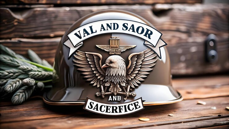 Foto emblema de águia plana e capacete militar com conceito de texto valor e sacrifício como um abstrato v impressionante