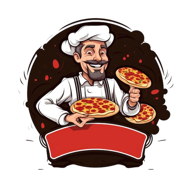 Foto emblema de homem com pizza em fundo branco logotipo espaço livre para o nome do café