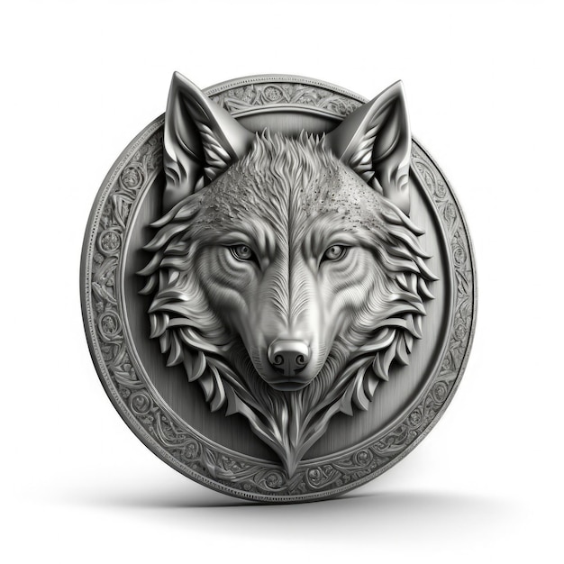 Emblema de medalhão de prata 3D com fundo branco de lobo Generative AI