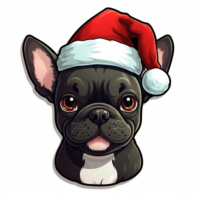 Emblema de Natal Alegre Bulldog Francês Escuro em Estilo de Cartoon 3D com Olhos de Cartoon e Sorriso em Wh