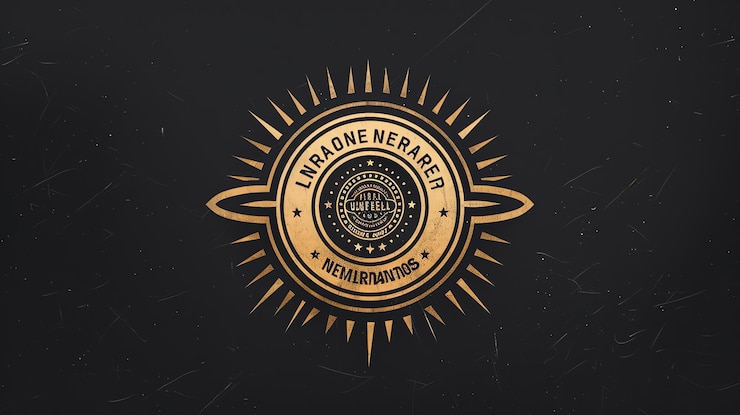 Foto un emblema dorado con un diseño de estallido de sol y una inscripción en un círculo