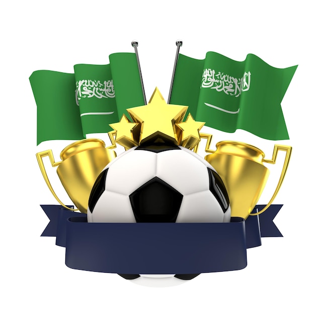 Emblema dos vencedores do futebol de bandeira da Arábia Saudita com bola de estrelas de troféu e renderização em 3D da fita