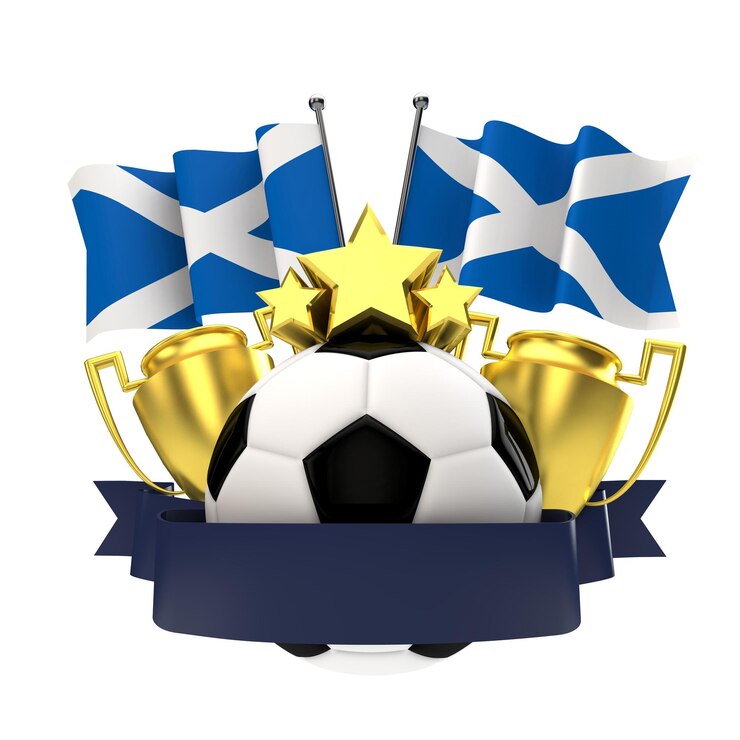 Emblema dos vencedores do futebol de bandeira da Escócia com bola de estrelas do troféu e renderização em 3D da fita