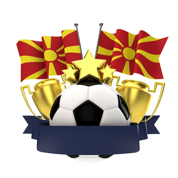 Emblema dos vencedores do futebol de bandeira da Macedônia com bola de estrelas do troféu e renderização em 3D da fita