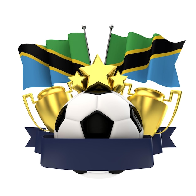 Emblema dos vencedores do futebol de bandeira da Tanzânia com bola de estrelas de troféu e renderização em 3D da fita