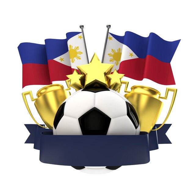 Emblema dos vencedores do futebol de bandeira das Filipinas com bola de estrelas do troféu e renderização em 3D da fita